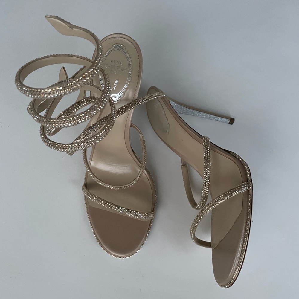 Rene Caovilla Tan Heels with Ankle Wrap Design